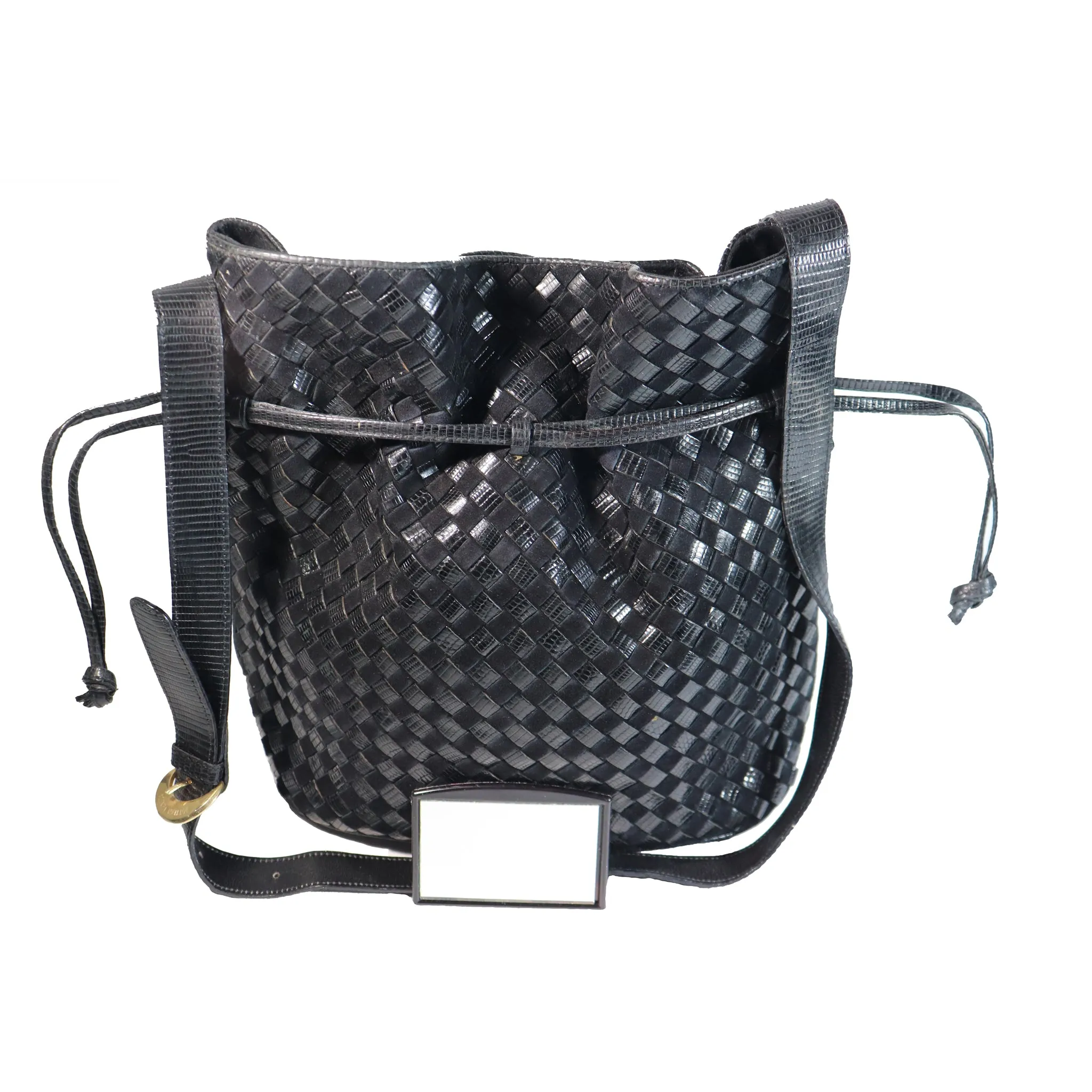 Bottega Veneta Black Classic Woven Drawstring Bag