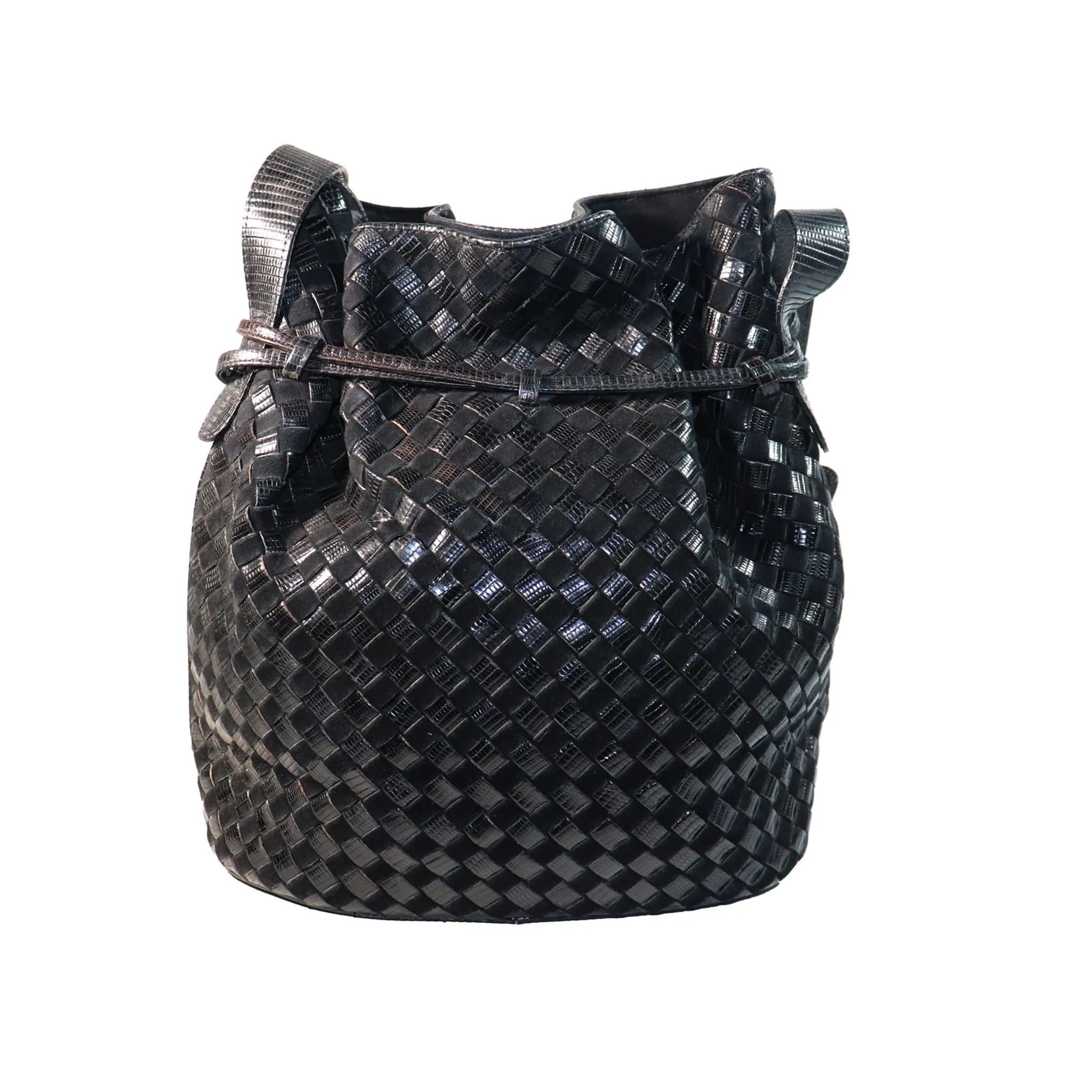 Bottega Veneta Black Classic Woven Drawstring Bag