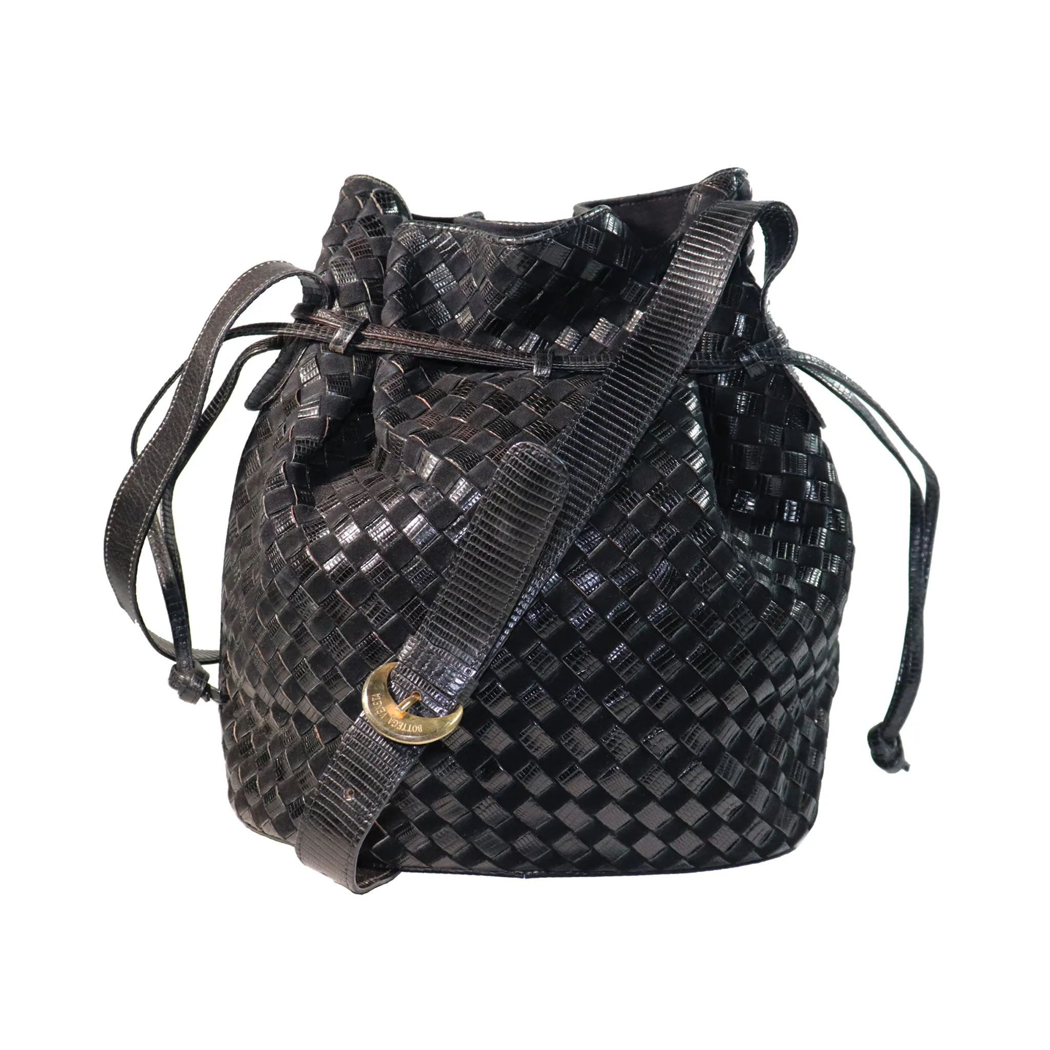 Bottega Veneta Black Classic Woven Drawstring Bag