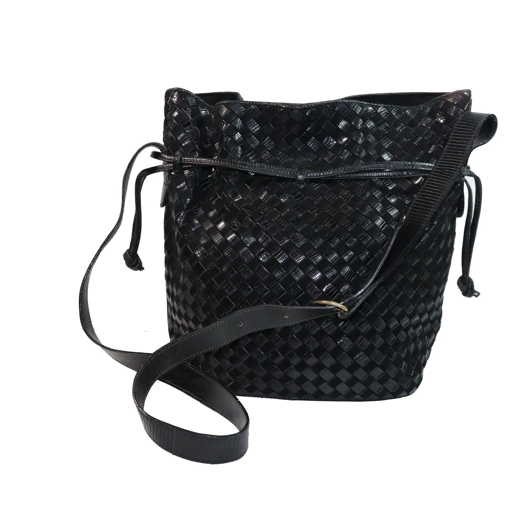 Bottega Veneta Black Classic Woven Drawstring Bag