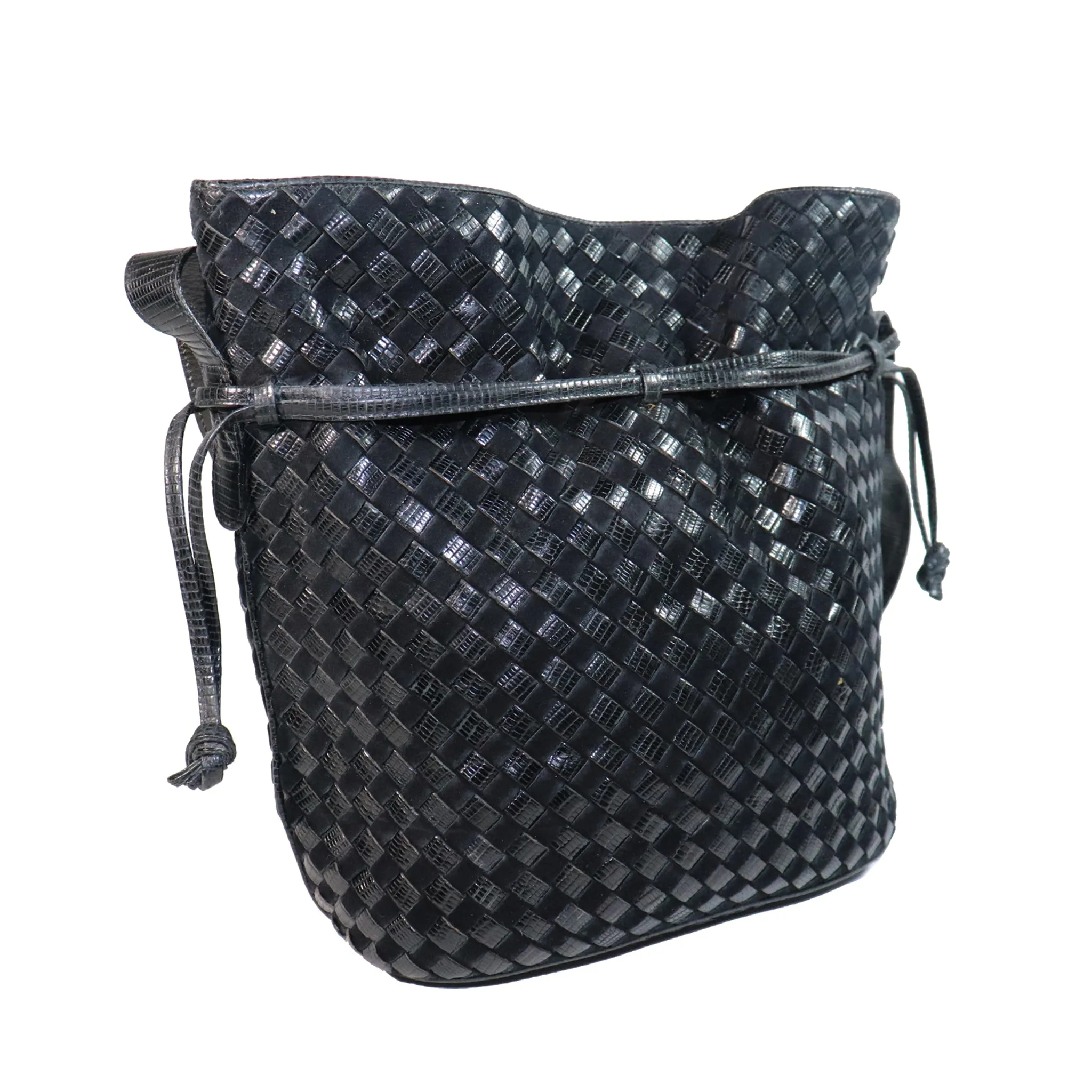 Bottega Veneta Black Classic Woven Drawstring Bag