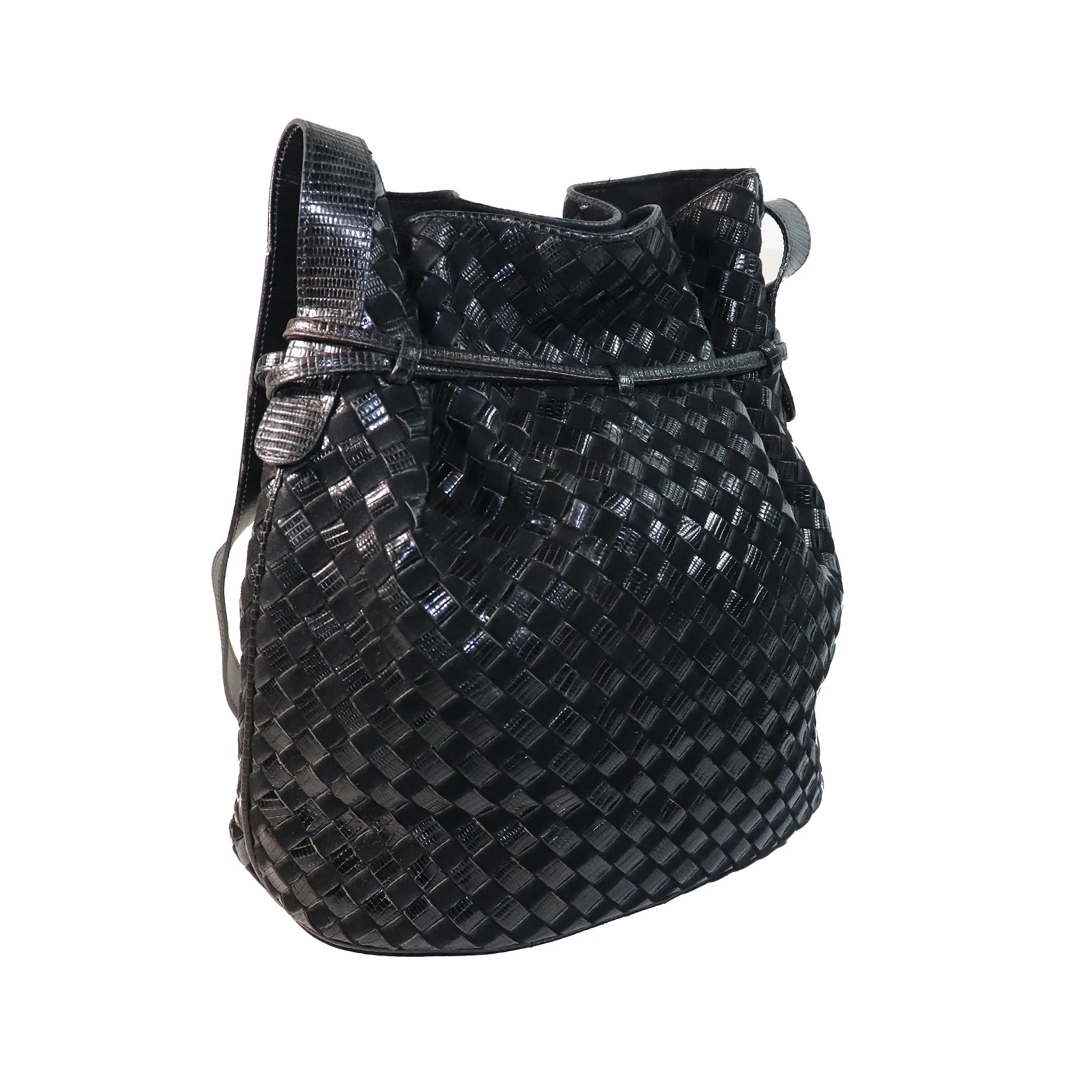 Bottega Veneta Black Classic Woven Drawstring Bag
