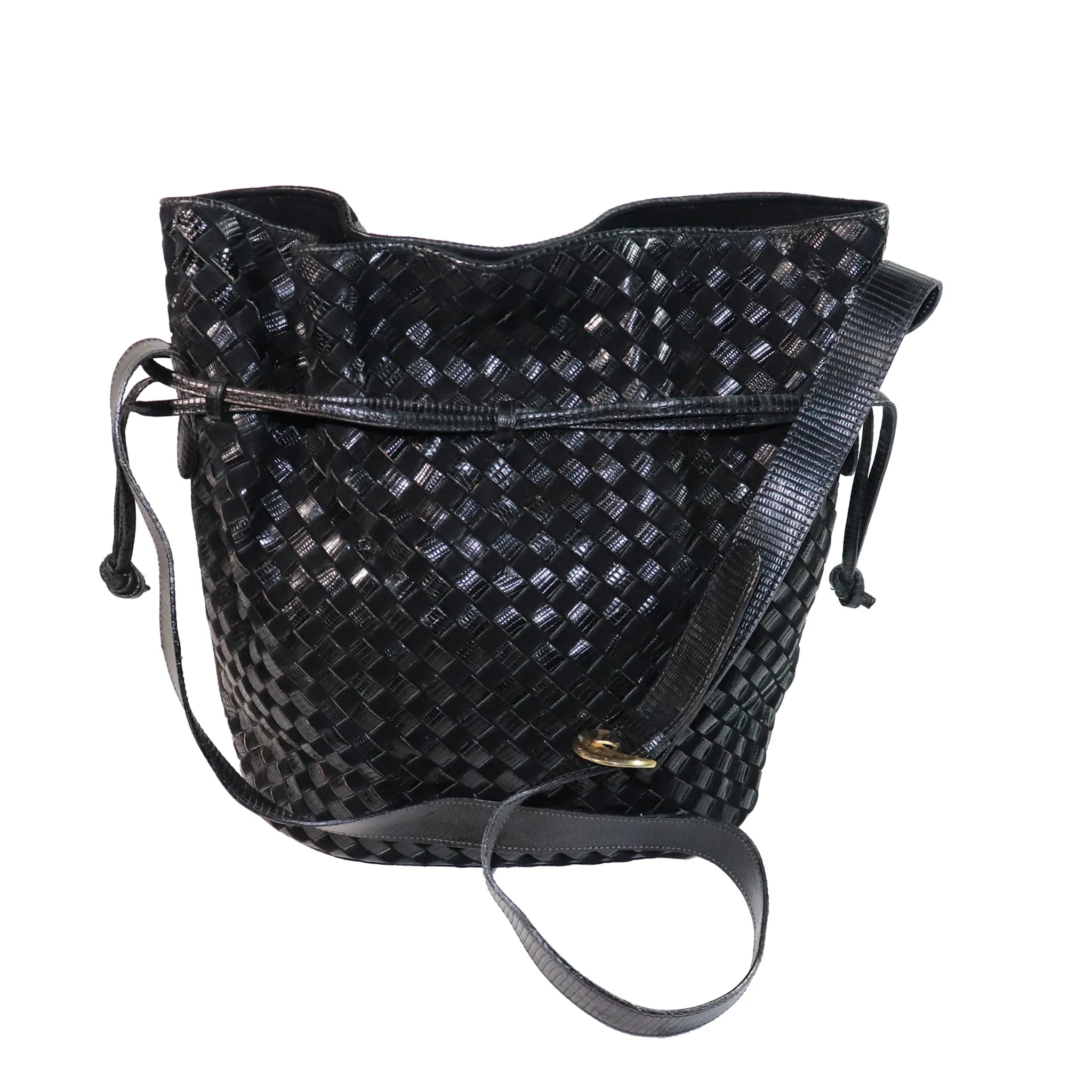 Bottega Veneta Black Classic Woven Drawstring Bag