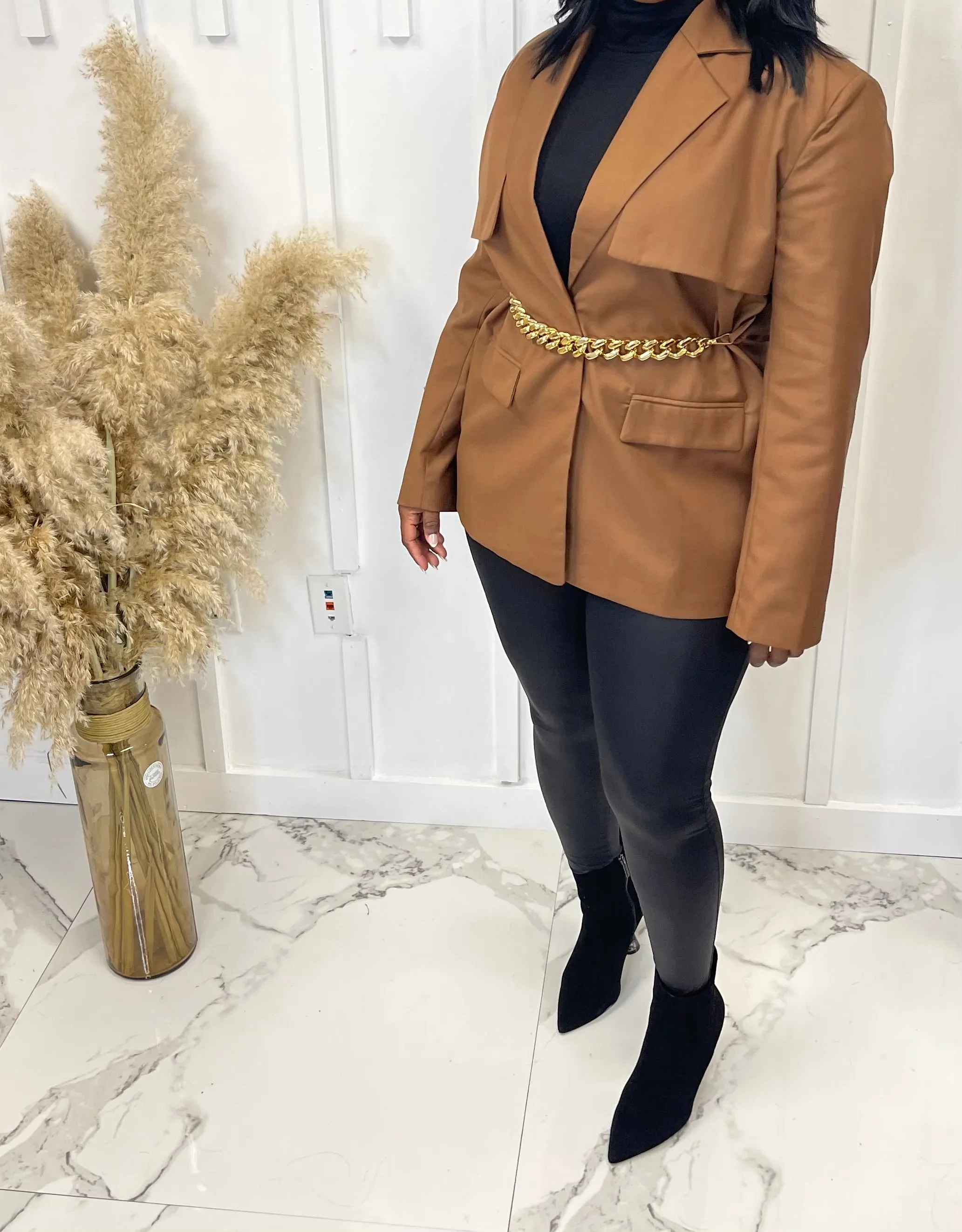 Brown Flare Pocket Blazer Dress
