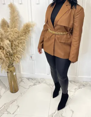 Brown Flare Pocket Blazer Dress