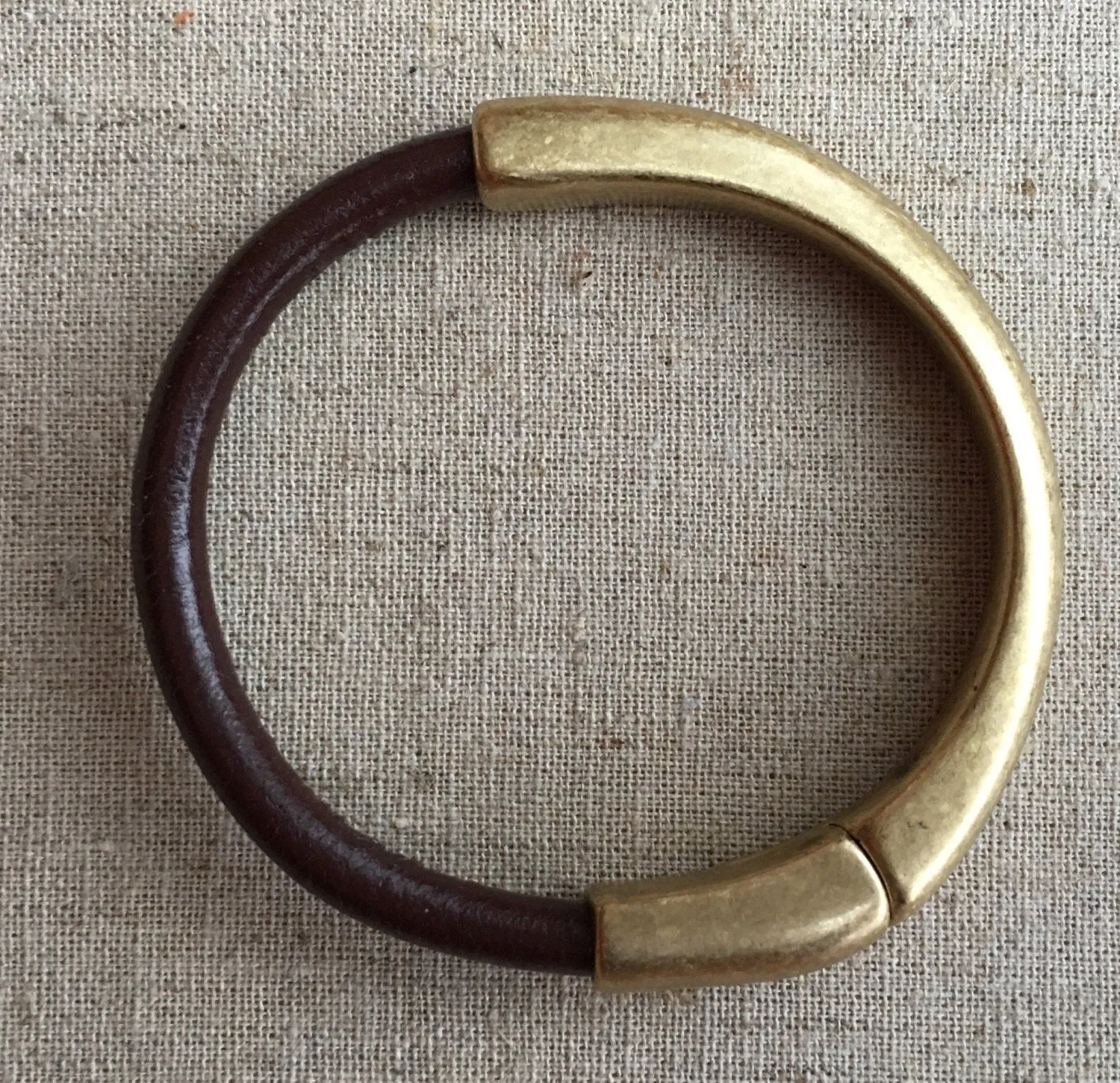 Brown Leather Bracelet with Antique Brass Half Cuff Magnetic Clasp