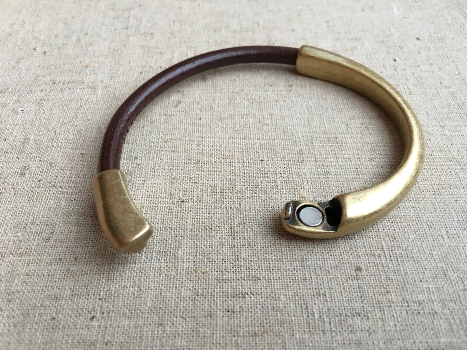 Brown Leather Bracelet with Antique Brass Half Cuff Magnetic Clasp