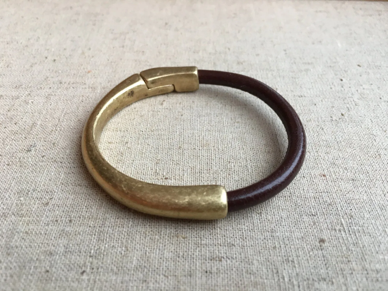 Brown Leather Bracelet with Antique Brass Half Cuff Magnetic Clasp