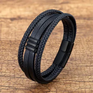 Buddha Stones Handmade Braided Leather Calm Titanium Steel Buckle Bracelet