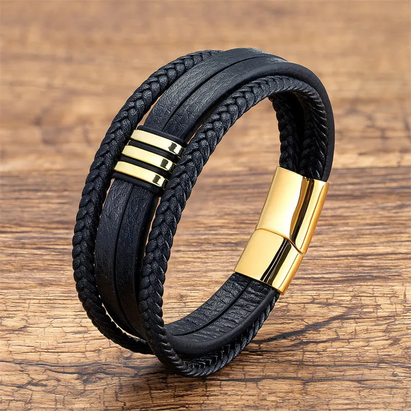 Buddha Stones Handmade Braided Leather Calm Titanium Steel Buckle Bracelet