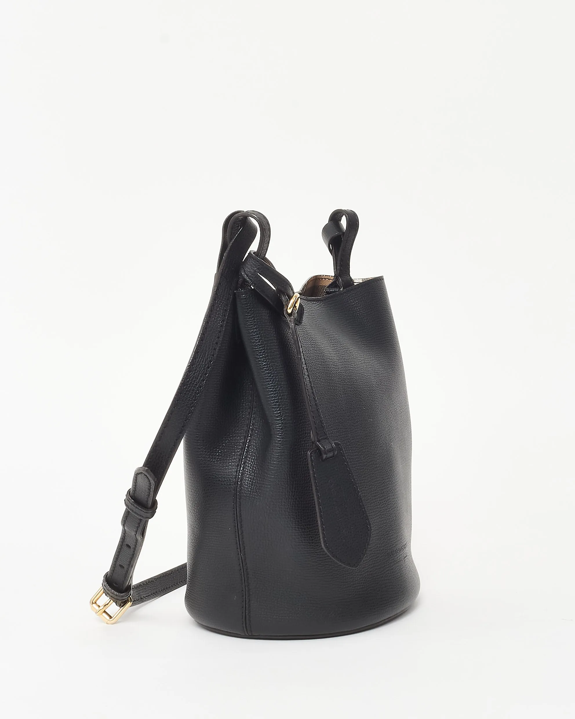Burberry Black Leather and Haymarket Check Small Lorne Bucket Bag