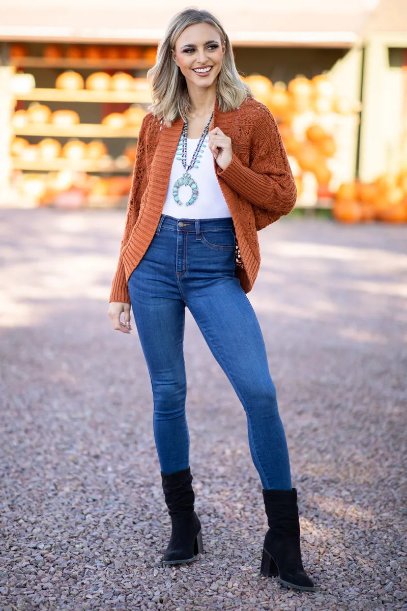 Burnt Orange Rib Knit Trim Cocoon Cardigan