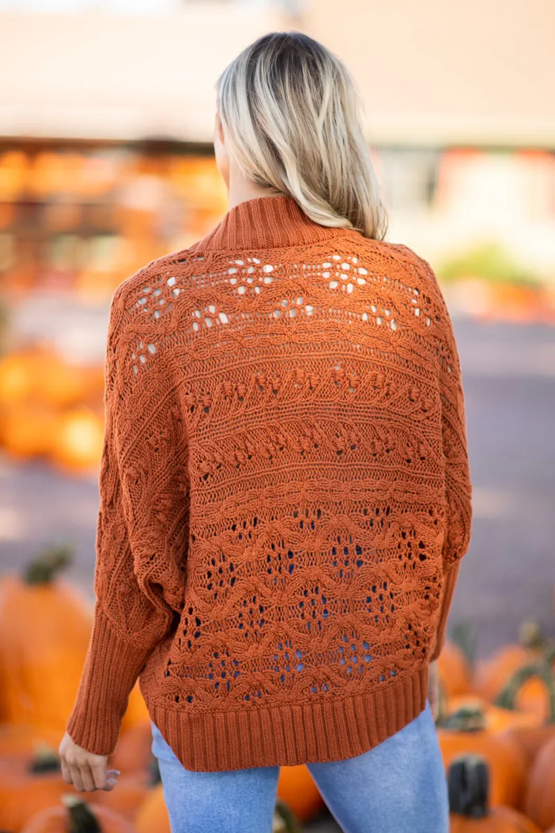 Burnt Orange Rib Knit Trim Cocoon Cardigan