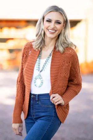 Burnt Orange Rib Knit Trim Cocoon Cardigan
