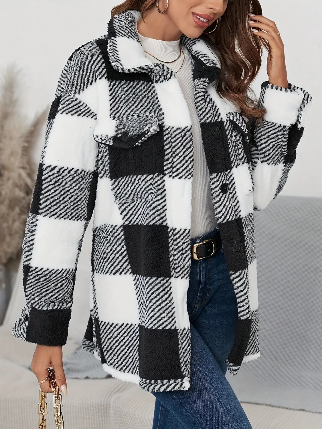 Button Up Long Sleeve Fuzzy Outerwear