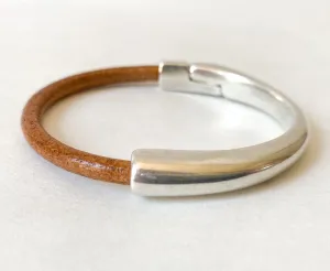 Camel/Cognac Leather and Silver Bracelet for Women, Medium Width Genuine Leather