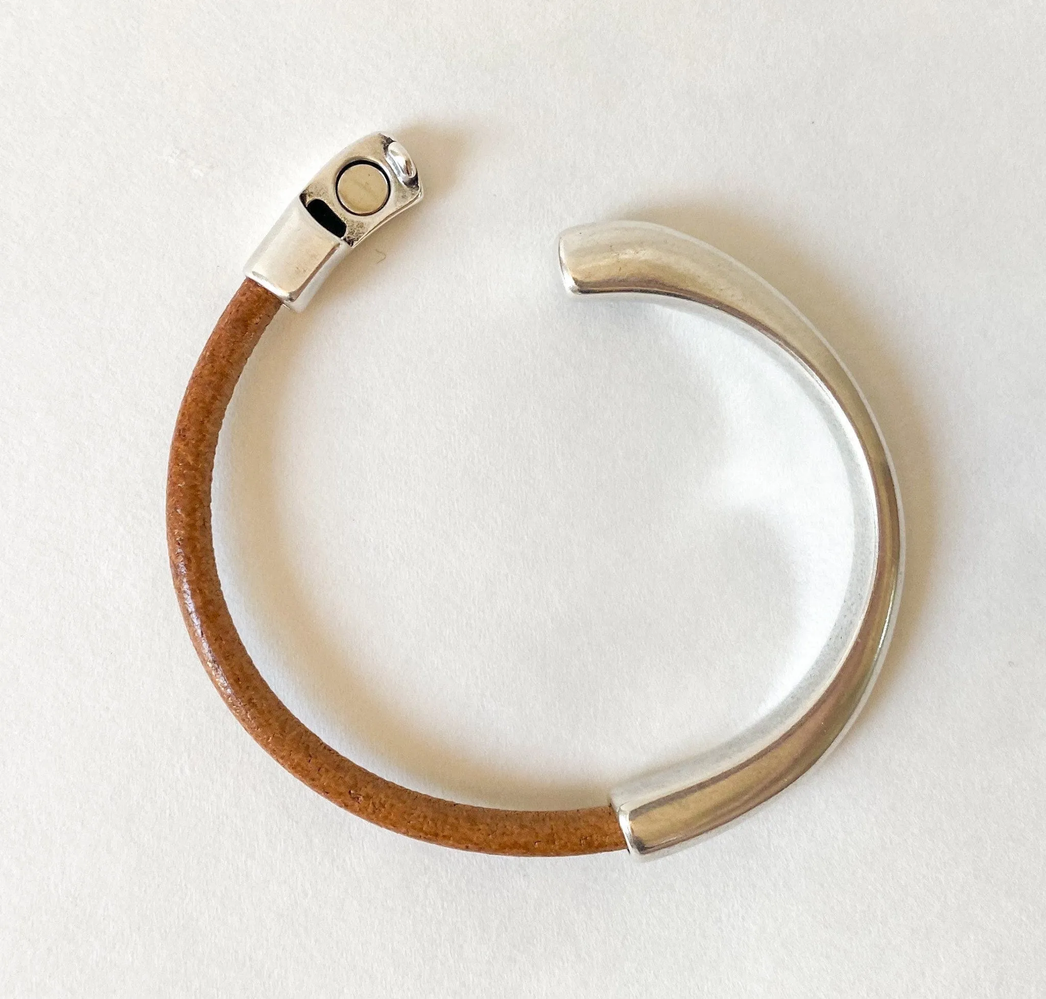 Camel/Cognac Leather and Silver Bracelet for Women, Medium Width Genuine Leather