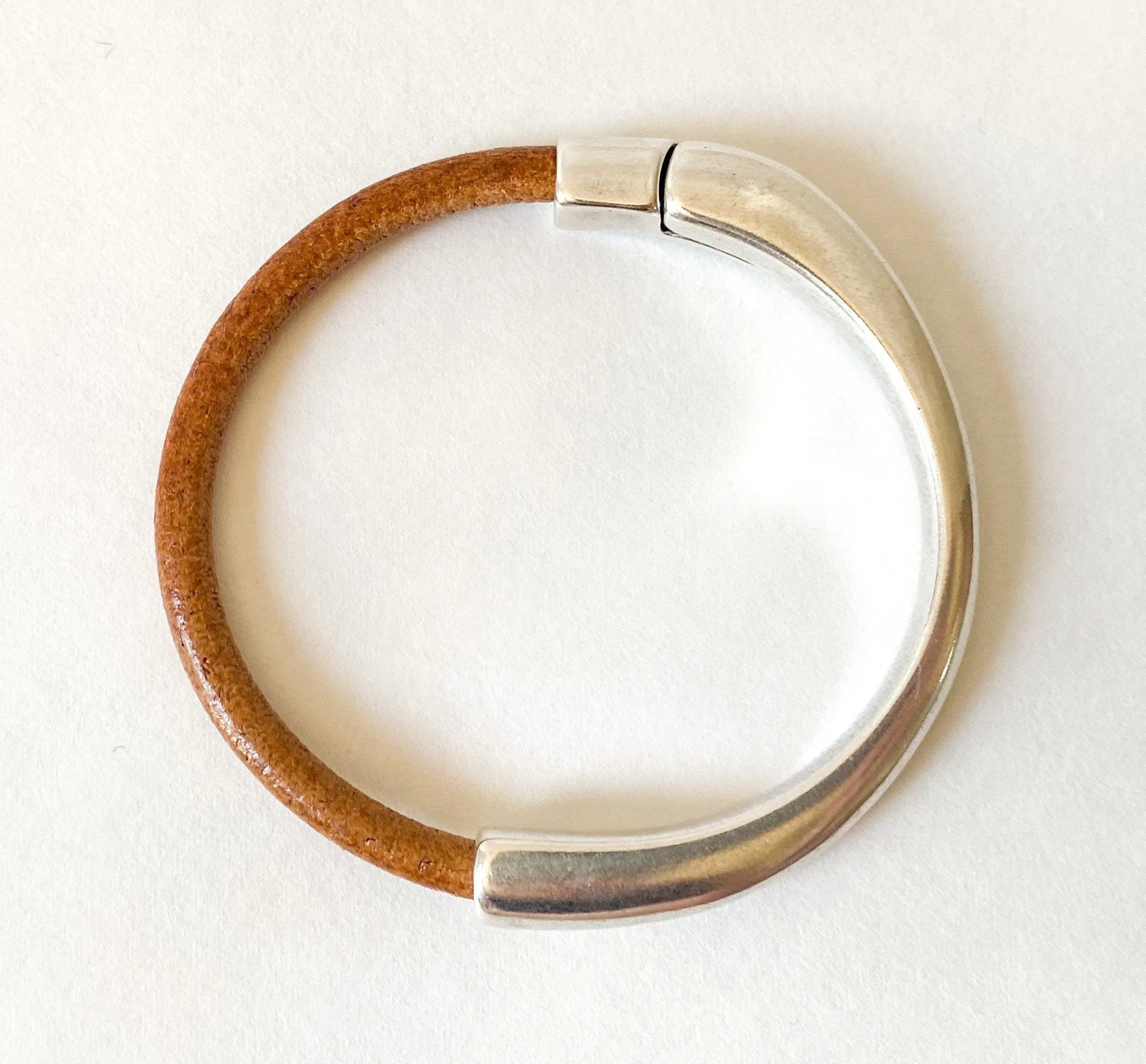 Camel/Cognac Leather and Silver Bracelet for Women, Medium Width Genuine Leather