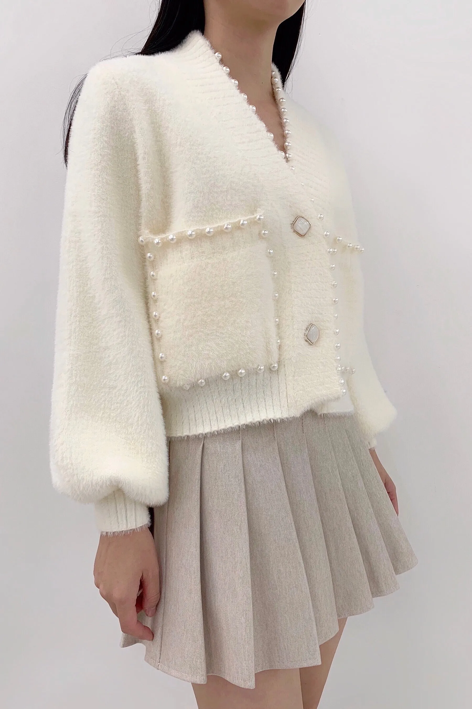 Carol Pearl Embellished Cardigan - White