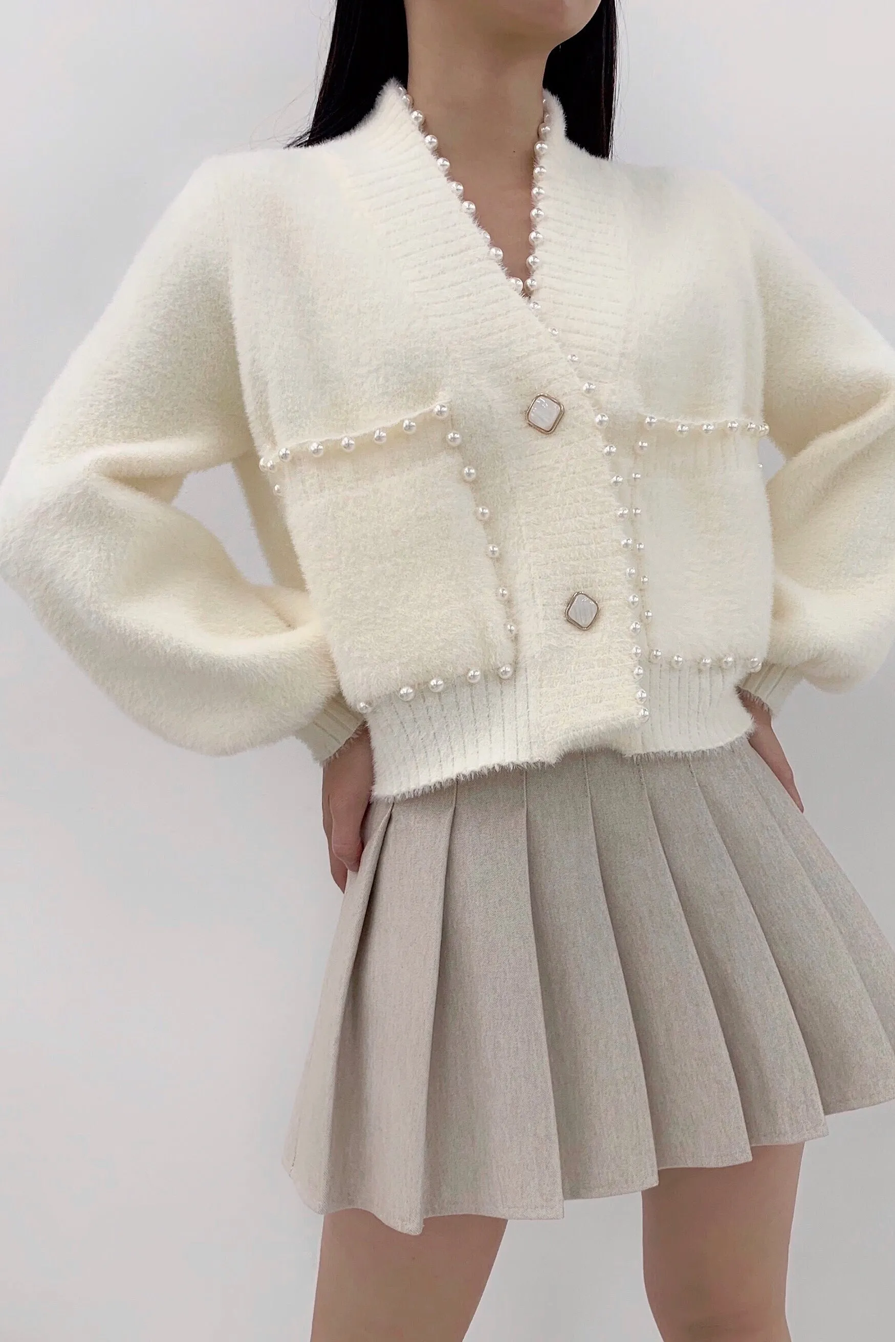 Carol Pearl Embellished Cardigan - White