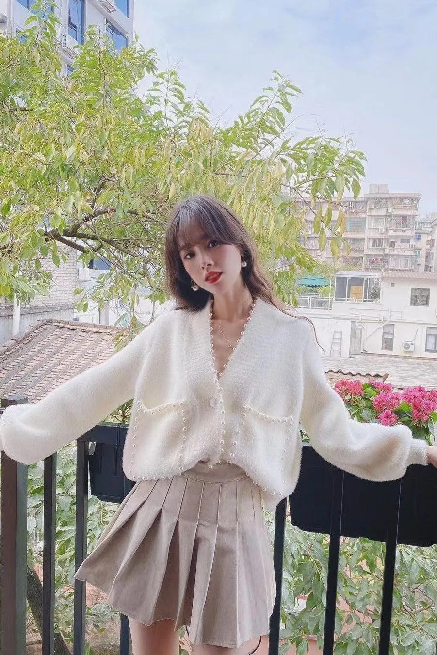 Carol Pearl Embellished Cardigan - White