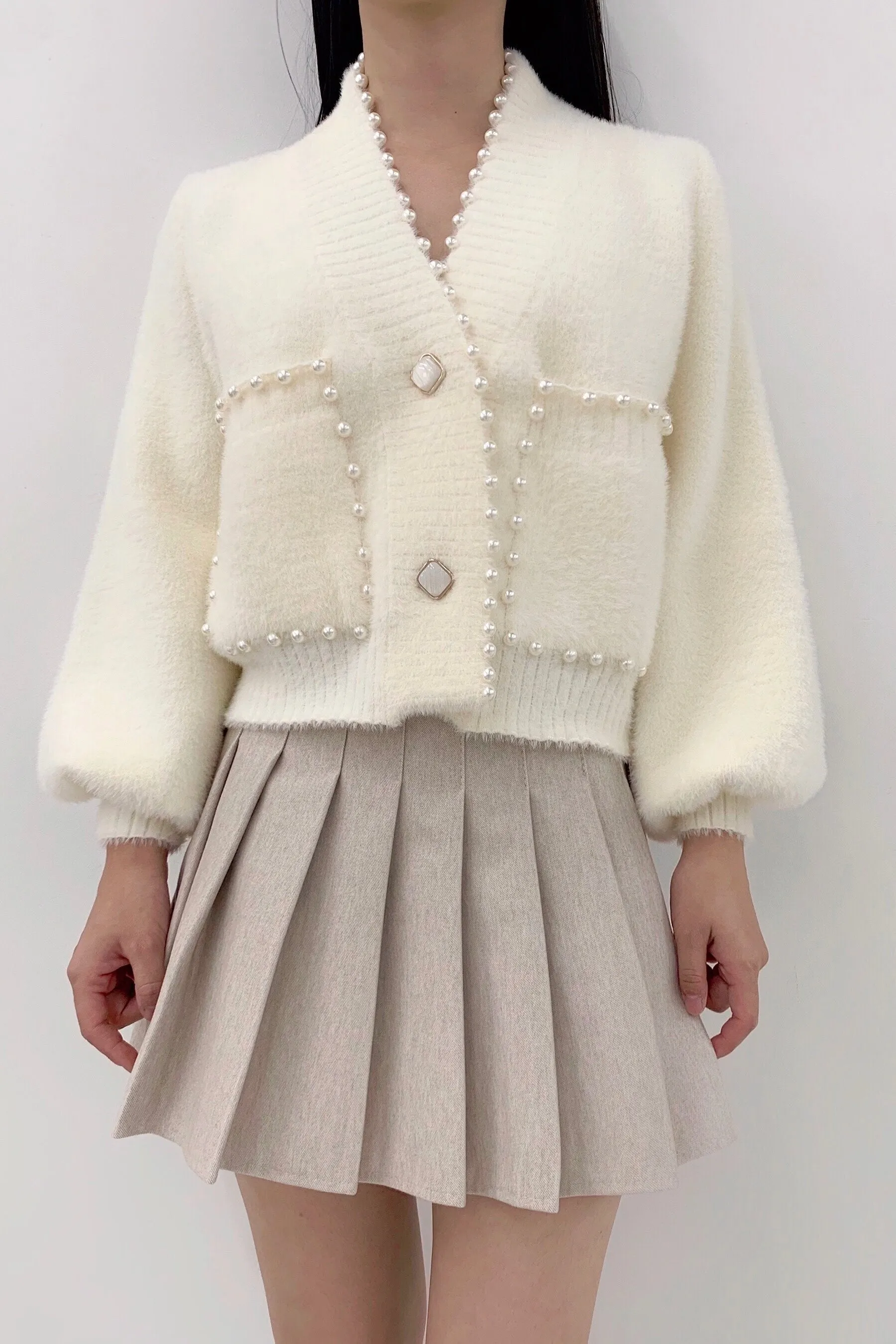 Carol Pearl Embellished Cardigan - White