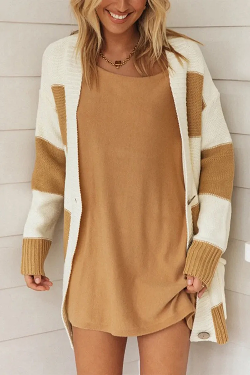 Casual Striped Patchwork Contrast Cardigan Collar Cardigans(3 Colors)