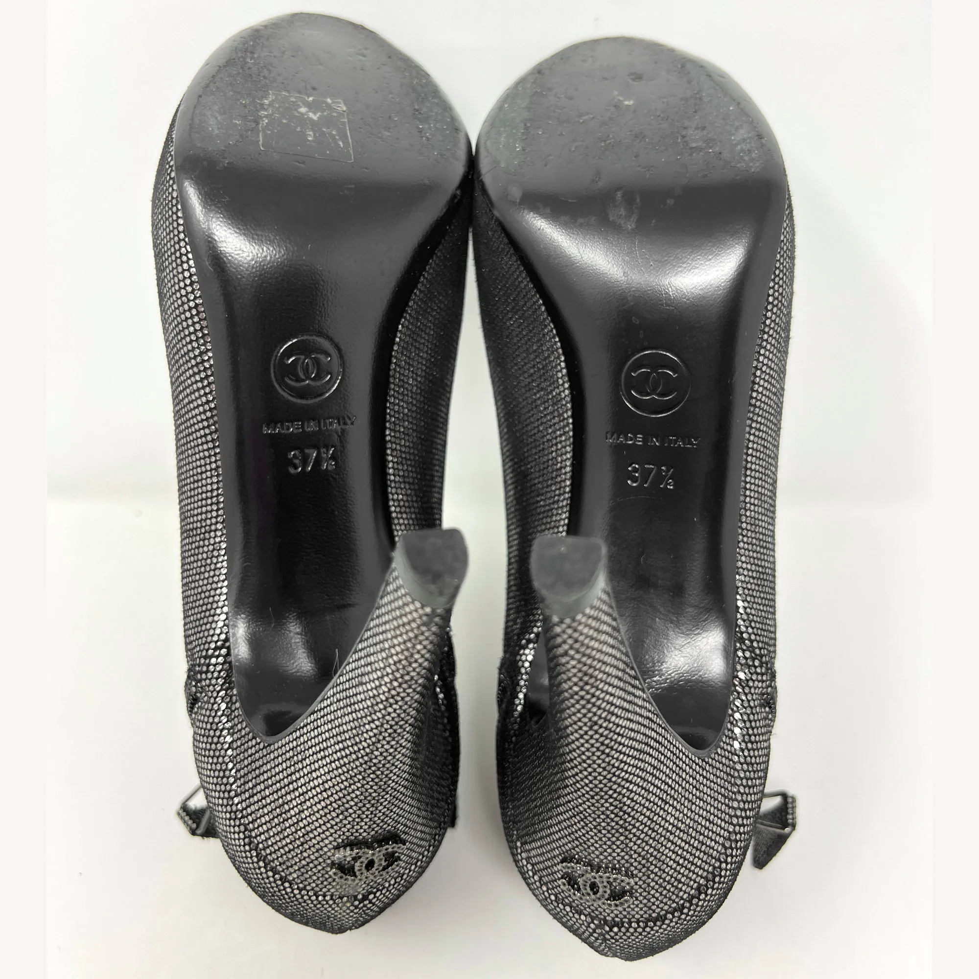 Chanel Cap Toe Silver Metallic Leather Interlocking Logo High Heels Ankle Boots Size EU 37.5