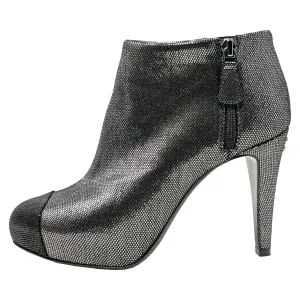 Chanel Cap Toe Silver Metallic Leather Interlocking Logo High Heels Ankle Boots Size EU 37.5