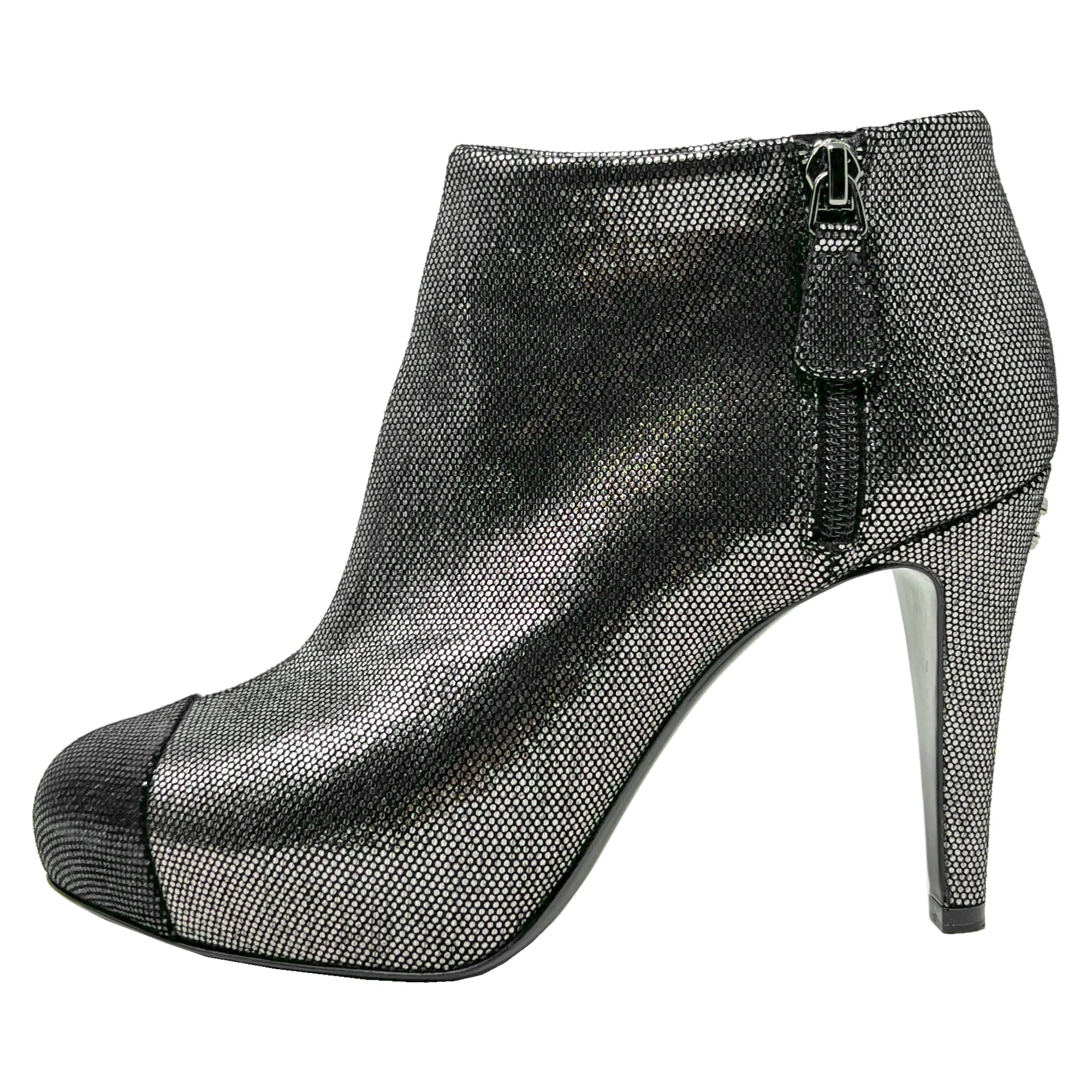 Chanel Cap Toe Silver Metallic Leather Interlocking Logo High Heels Ankle Boots Size EU 37.5