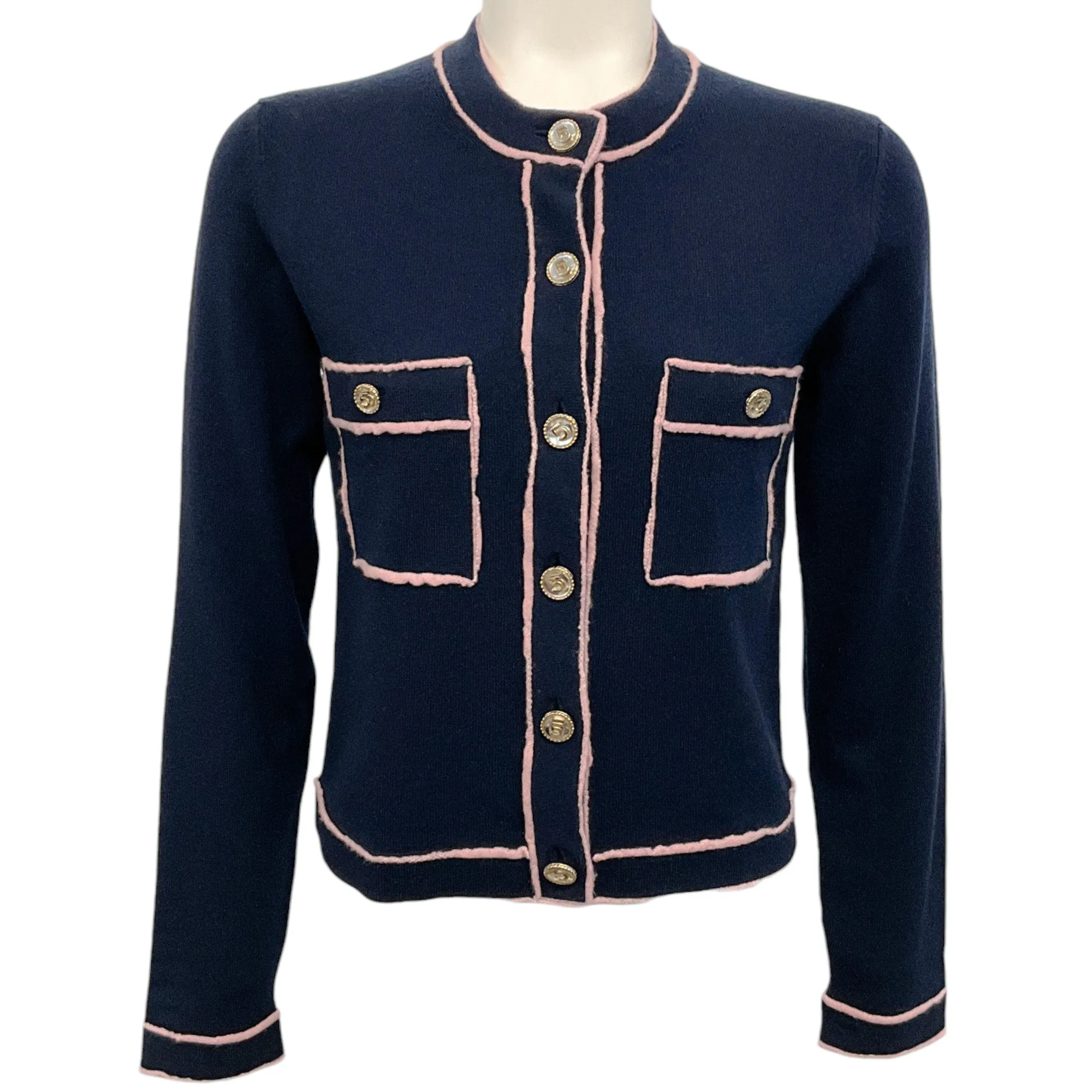 Chanel Navy Blue Cashmere Cardigan with Pink Trim
