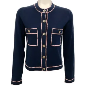 Chanel Navy Blue Cashmere Cardigan with Pink Trim