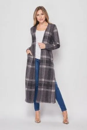 Charcoal/Black Plaid Long Cardigan