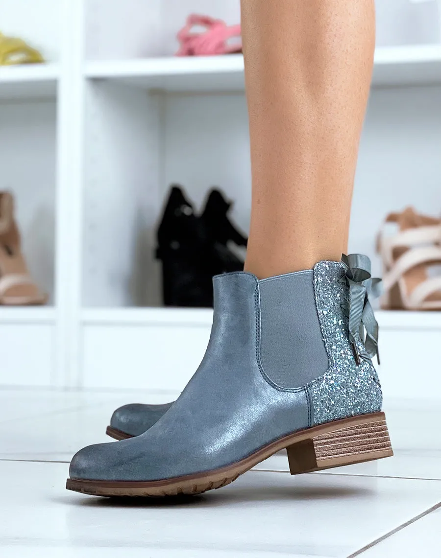 Chelsea boots basses bleues à paillettes et noeud