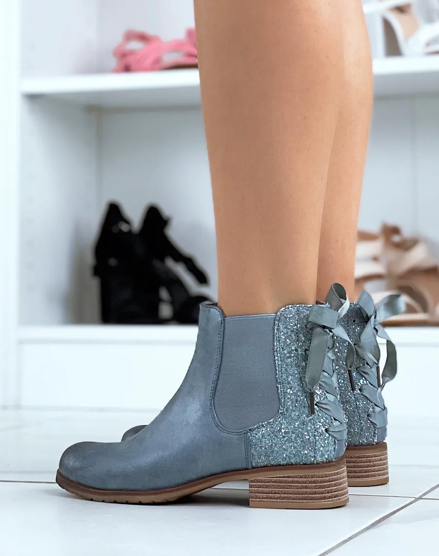 Chelsea boots basses bleues à paillettes et noeud