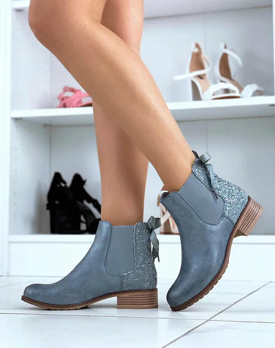 Chelsea boots basses bleues à paillettes et noeud