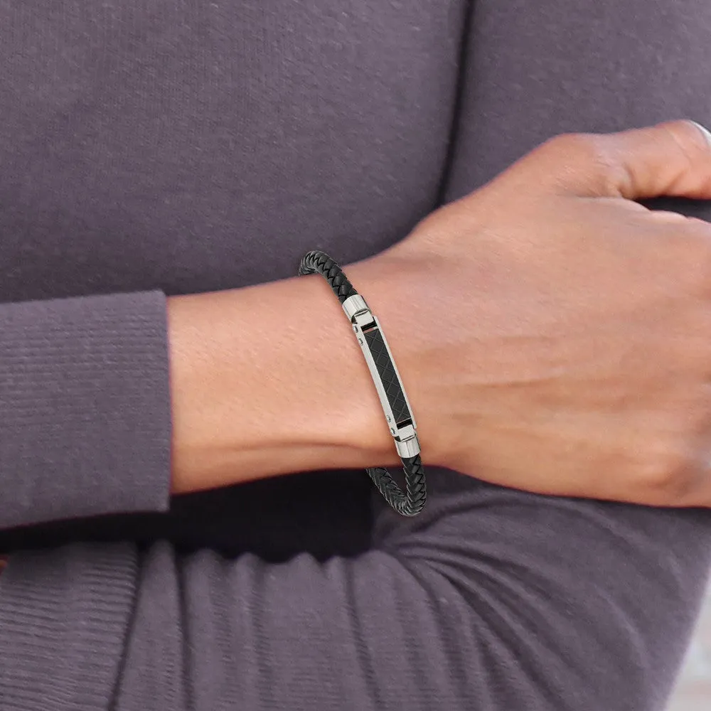 Chisel Stainless Steel Polished and Textured Black IP-plated Black Braided Leather Adjustable 7.5 and 8 inch Bracelet