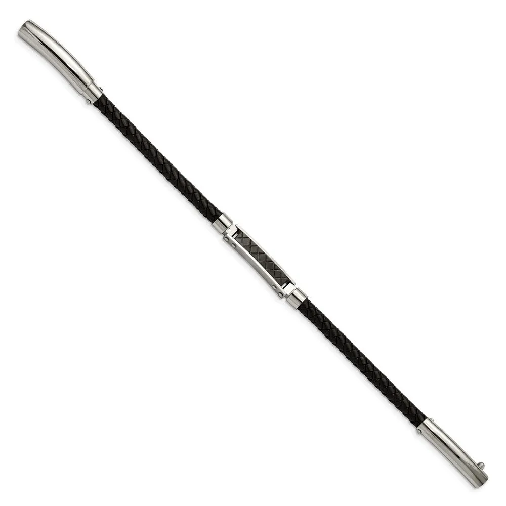 Chisel Stainless Steel Polished and Textured Black IP-plated Black Braided Leather Adjustable 7.5 and 8 inch Bracelet