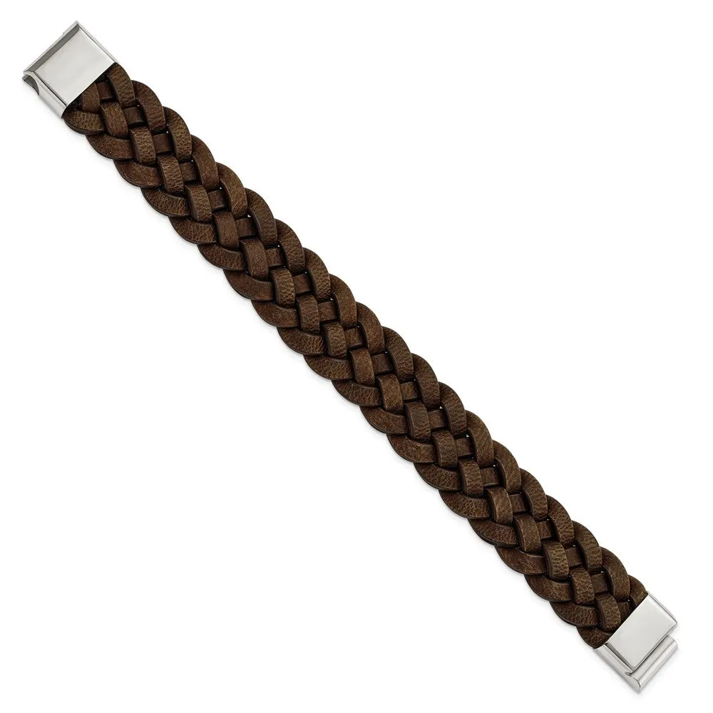 Chisel Stainless Steel Polished Brown Braided Leather 8.75 inch Bracelet