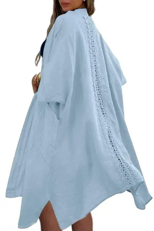 Chouyatou Women's Boho Crochet Eyelet Open Front Irregular Long Cotton Beach Coverup Cardigan Shirt Blouses