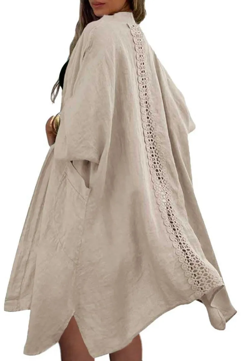 Chouyatou Women's Boho Crochet Eyelet Open Front Irregular Long Cotton Beach Coverup Cardigan Shirt Blouses