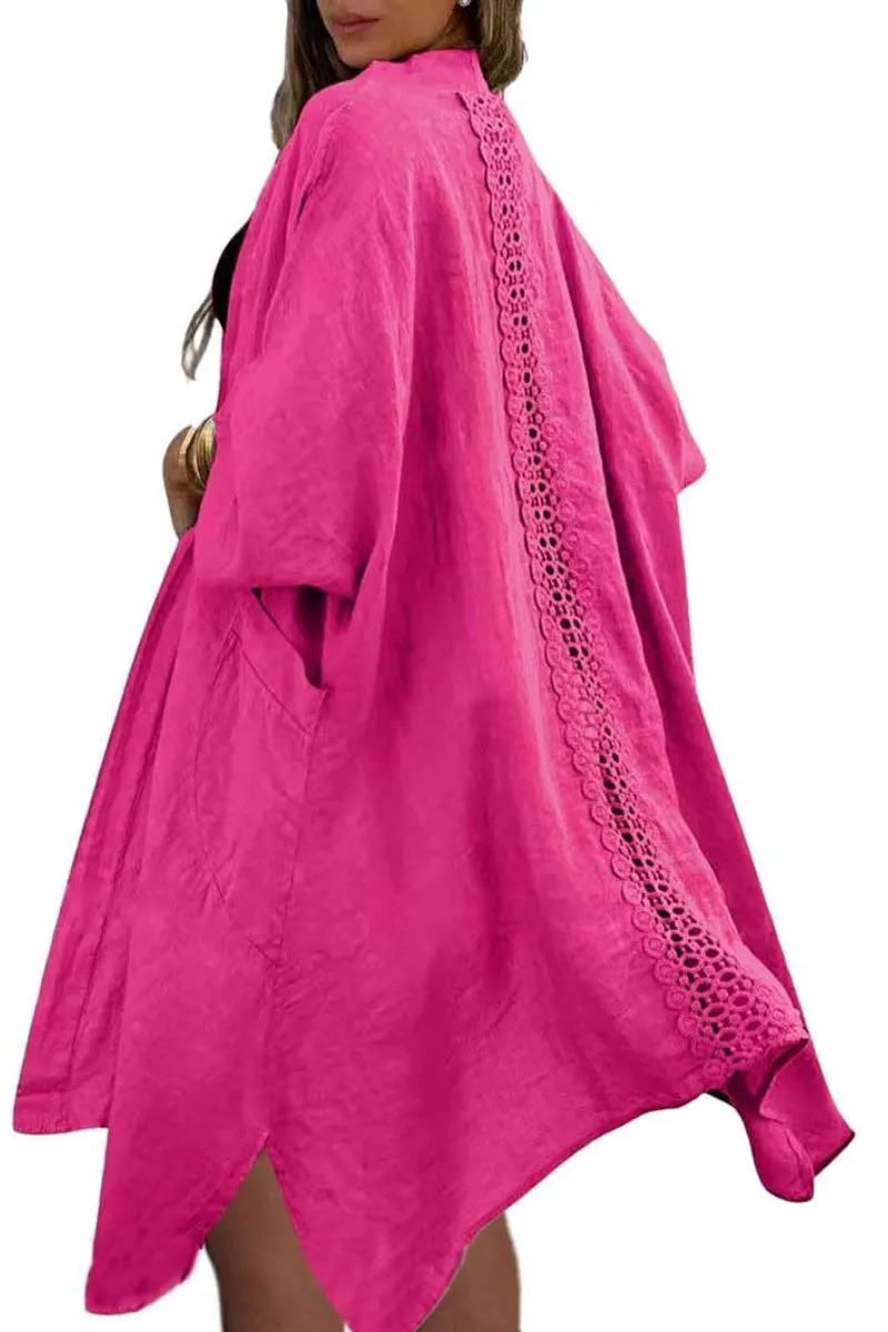 Chouyatou Women's Boho Crochet Eyelet Open Front Irregular Long Cotton Beach Coverup Cardigan Shirt Blouses