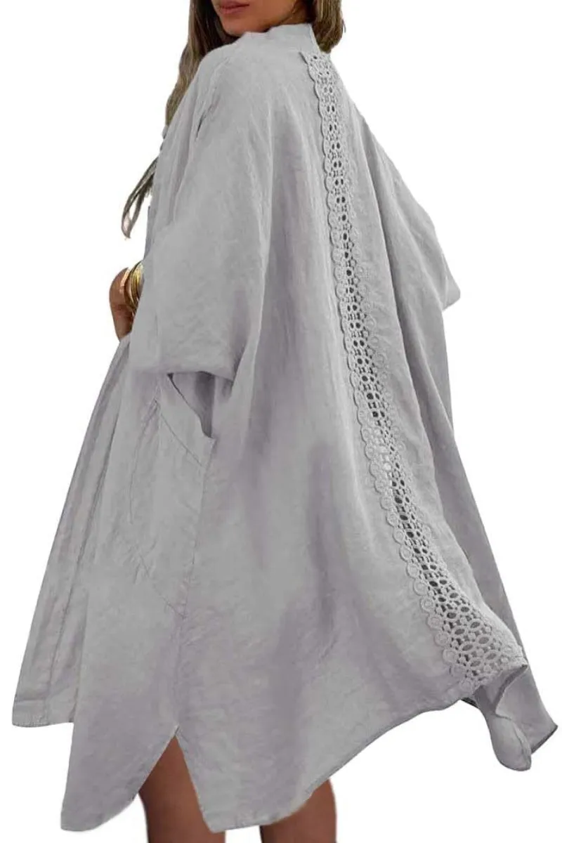 Chouyatou Women's Boho Crochet Eyelet Open Front Irregular Long Cotton Beach Coverup Cardigan Shirt Blouses
