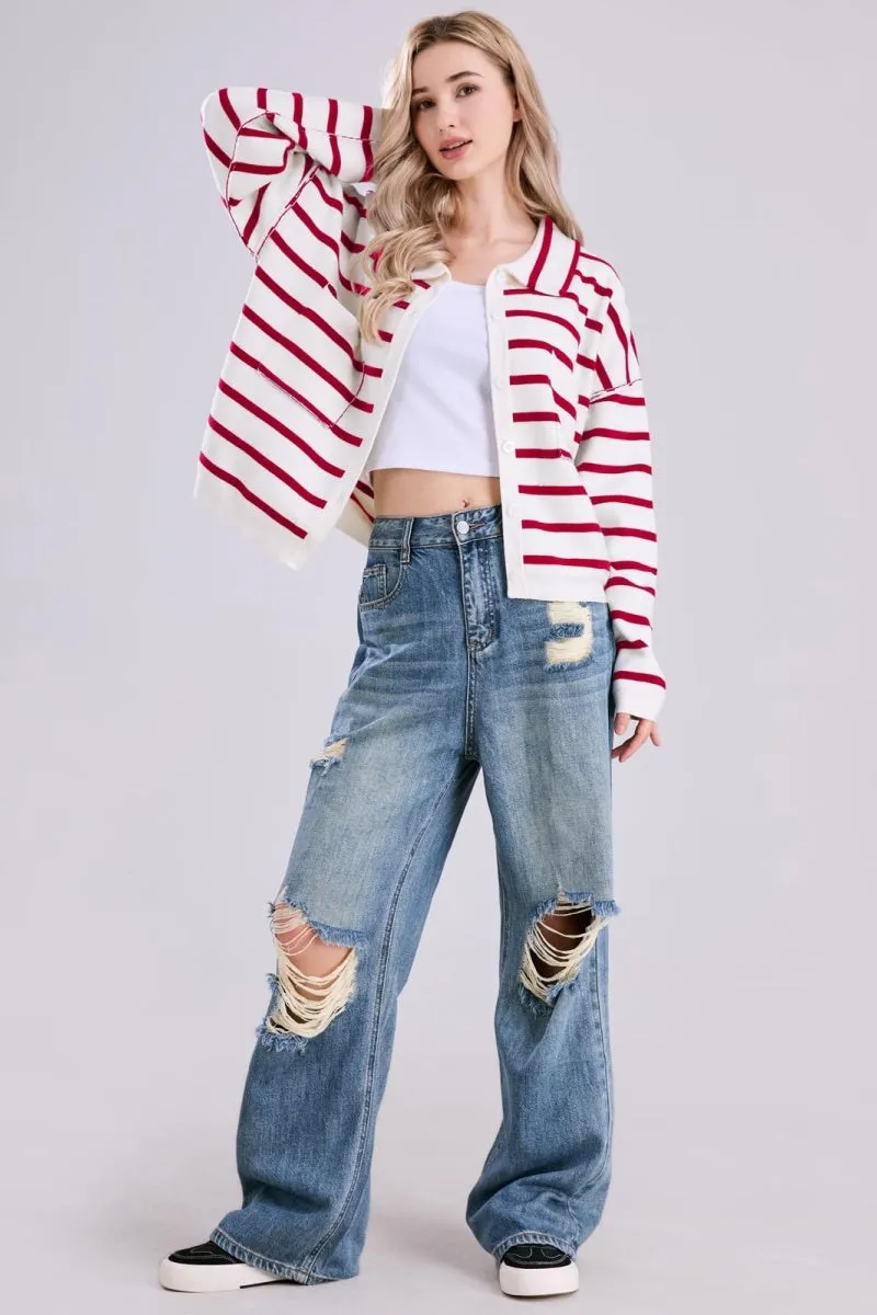Chouyatou Women's Button Down Striped Cardigan Sweater Polo Collar Open Front Knit Jacket 2024 Fall Outfits