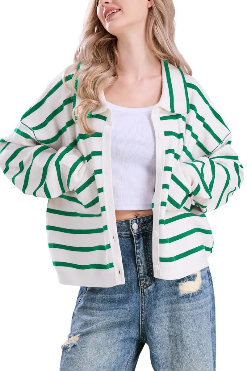 Chouyatou Women's Button Down Striped Cardigan Sweater Polo Collar Open Front Knit Jacket 2024 Fall Outfits