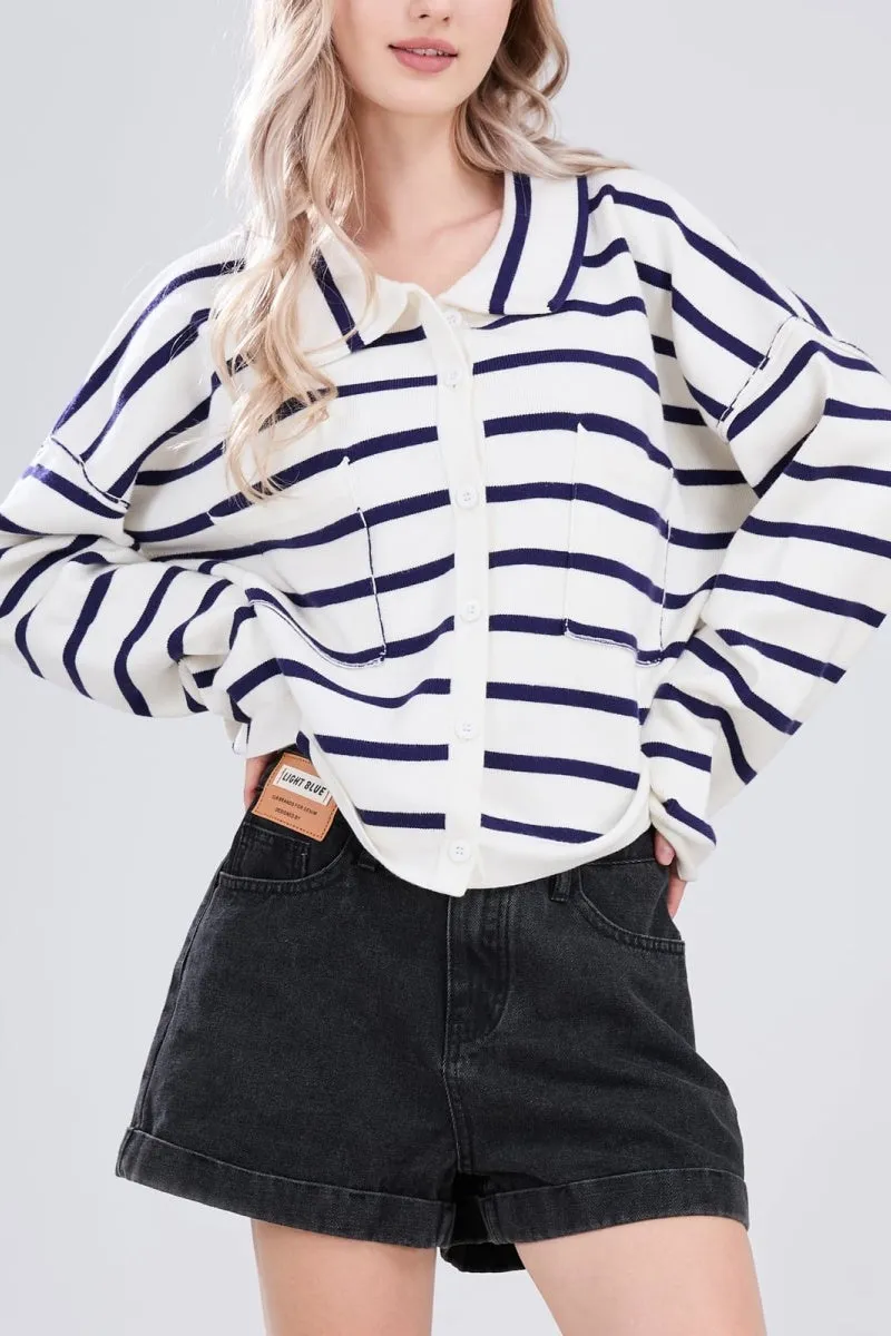 Chouyatou Women's Button Down Striped Cardigan Sweater Polo Collar Open Front Knit Jacket 2024 Fall Outfits