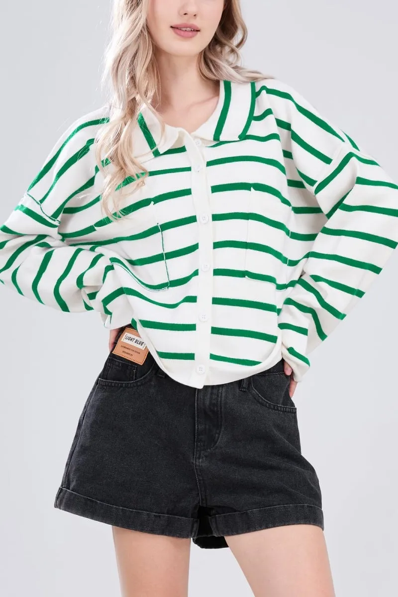 Chouyatou Women's Button Down Striped Cardigan Sweater Polo Collar Open Front Knit Jacket 2024 Fall Outfits