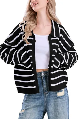 Chouyatou Women's Button Down Striped Cardigan Sweater Polo Collar Open Front Knit Jacket 2024 Fall Outfits