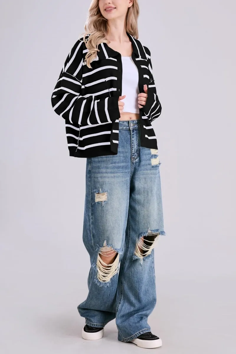 Chouyatou Women's Button Down Striped Cardigan Sweater Polo Collar Open Front Knit Jacket 2024 Fall Outfits