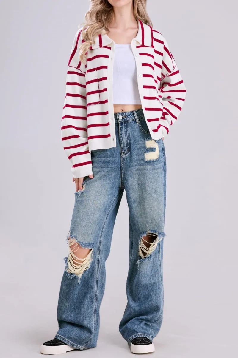 Chouyatou Women's Button Down Striped Cardigan Sweater Polo Collar Open Front Knit Jacket 2024 Fall Outfits